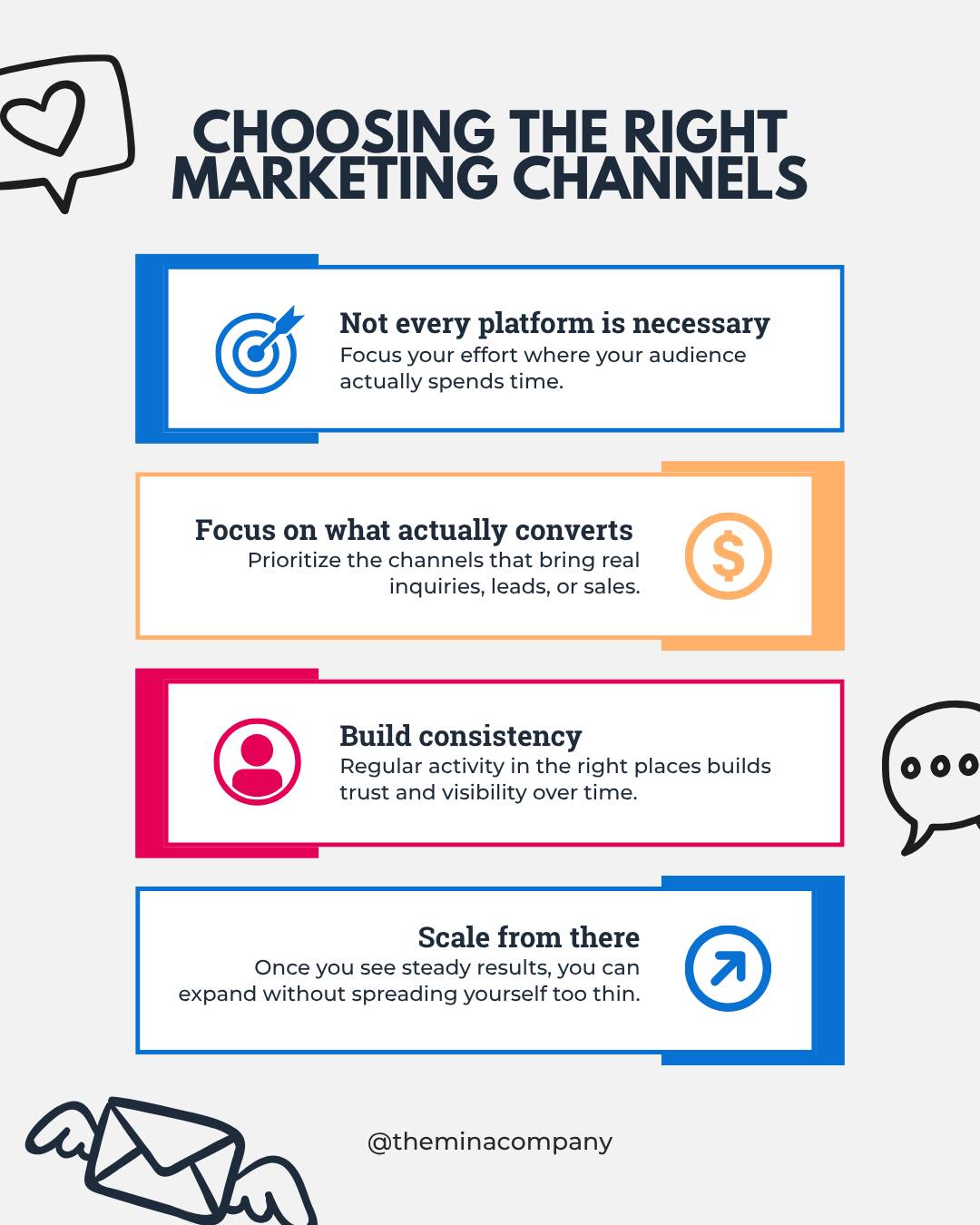 You don’t need to be everywhere. You need to be in the right places. We help you focus on the channels that drive real results.

Read more about choosing the right channels at on our blog theminacompany.com/blog