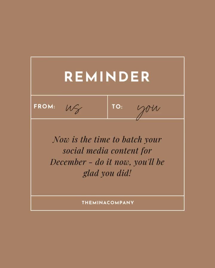That's right, little chickadees - it's time to batch your December social media content! 🤳

Why batch? 
📱 Saves time: no more posting in real-time or panicking when you realize you don't have anything to post today! 
📱 Aligned strategy: when you prepare ahead of time, you can more strategically plan out what you're going to share and WHY - make sure it aligns with that month's goals!
📱 Reduce stress: truly, knowing that all of your content is already planned out takes SO much weight off your brain! Can you imagine the brain space that would free up for you? 

Needing some help with your social media strategy? Reach out and see how we can help! 

#contentbatching #batchwork #batchworking #socialmediatips #socialmediastrategy #socialmediaagency #smallbusinessosocialmedia #businesssocialmedia