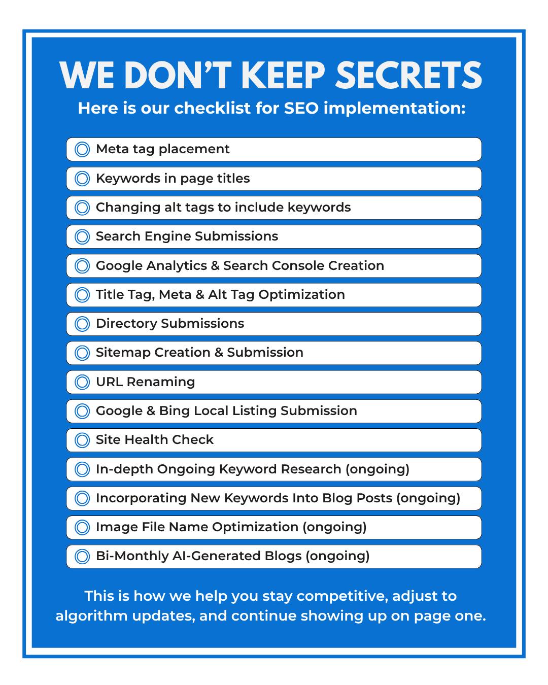 You should always know exactly what you're paying for.

That's why our full SEO checklist is right here, nothing held back. No black box, no ""trust us, it's working."" Just the actual work that keeps you showing up when it counts.

And none of it is a one-time setup. Search keeps changing, so the work keeps going. That's how you hold your spot instead of slowly slipping off page one.

Want to know where your site stands right now? Send us a message or visit theminacompany.com
