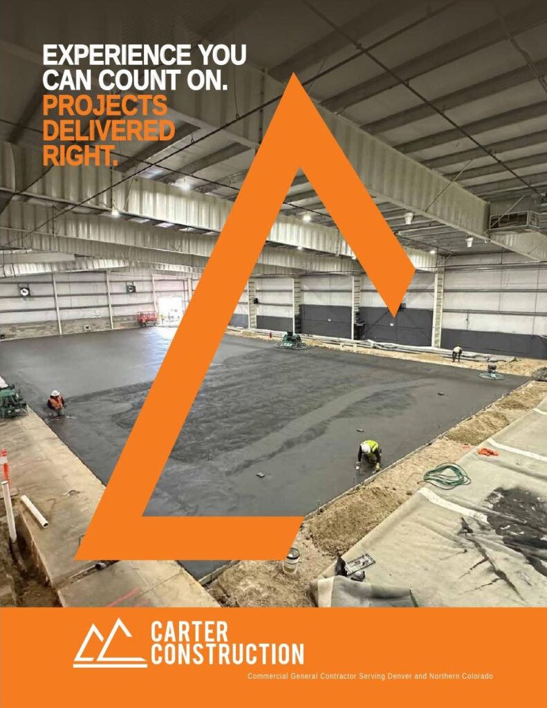 Carter Construction brochure cover with refreshed orange brand mark over an industrial concrete pour