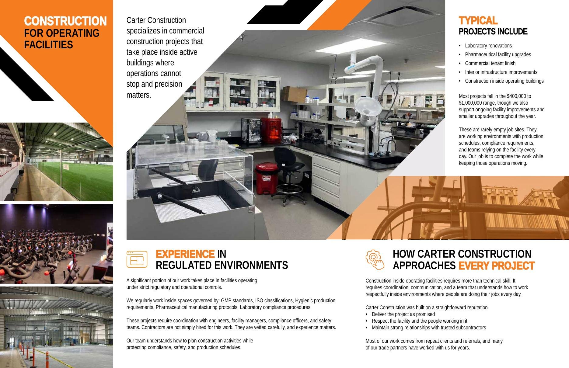 Carter Construction brochure spread on construction for operating and regulated facilities