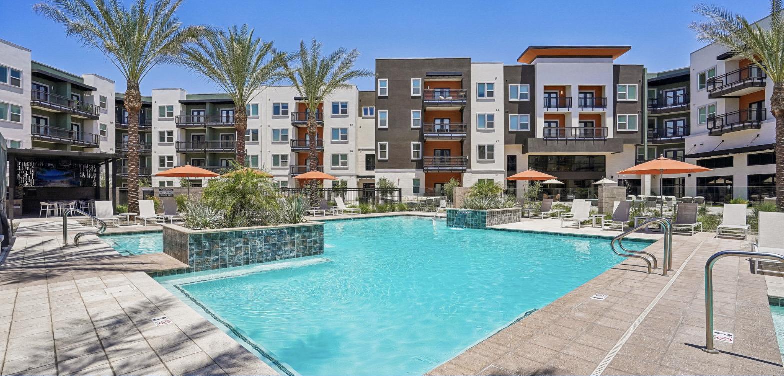 Resort-style pool at The ONE at Signal Butte luxury apartments in Mesa, Arizona